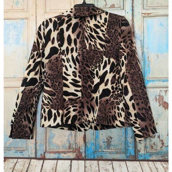 Le Suit Womens Size 6 Brown Leopard Print Collared Slit Cuff 3 Button Blazer - Picture 4 of 7